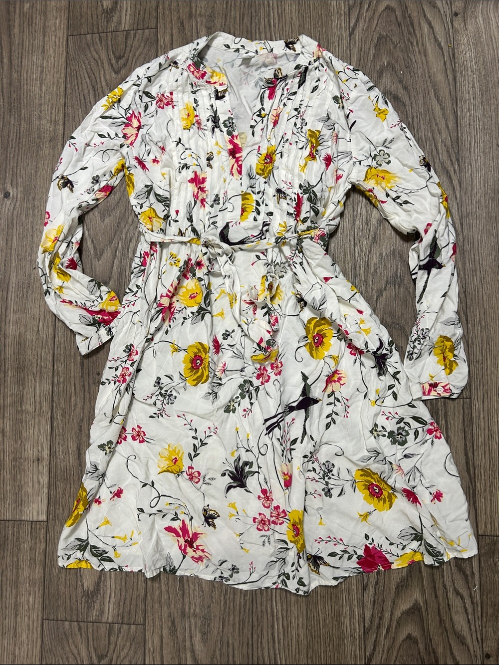 White Floral Tie-Waist Women’s Dress with Yellow & Pink Blooms
